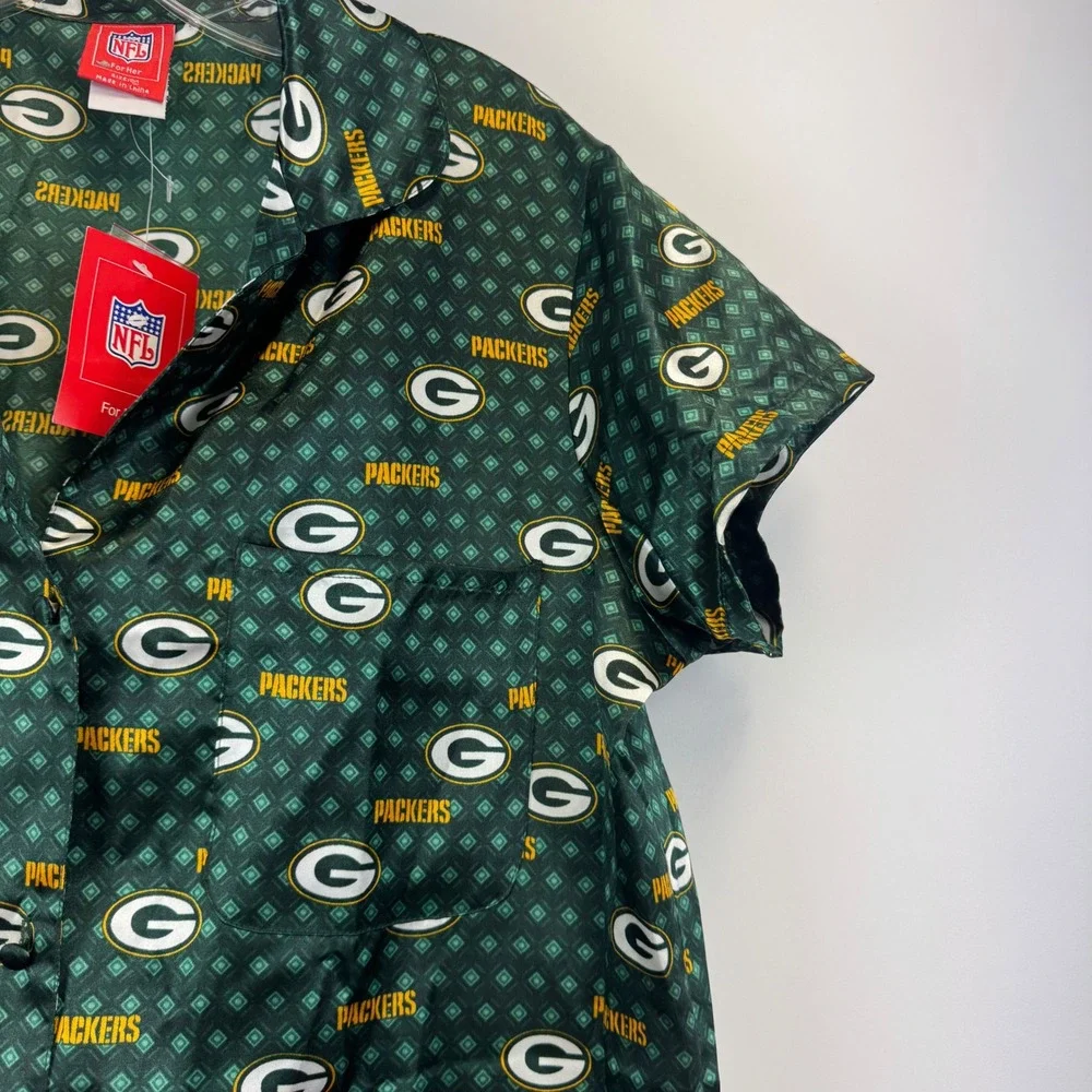 NFL Green Bay‎ Packers Womens M Satin Nightshirt Button Front Sleep Shirt NWT